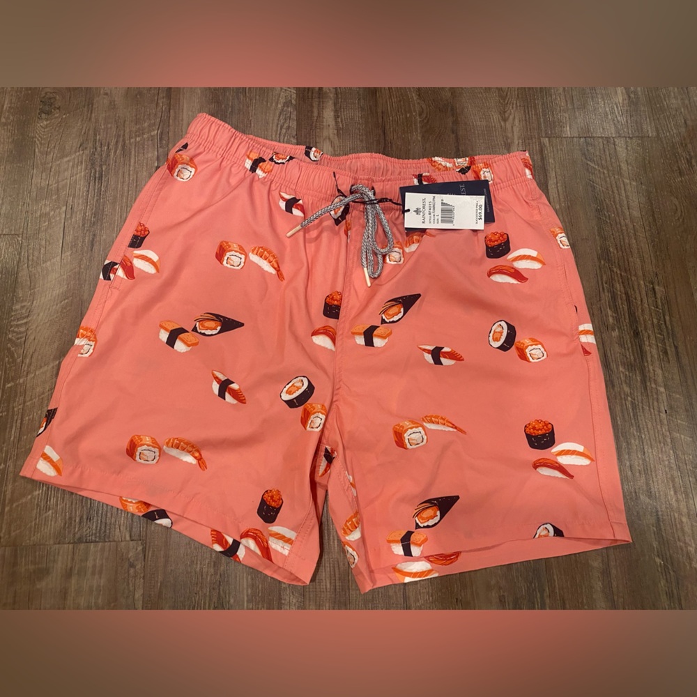 Salmon pink Rainforest Men swim beach shorts - sushi rolls - fun print